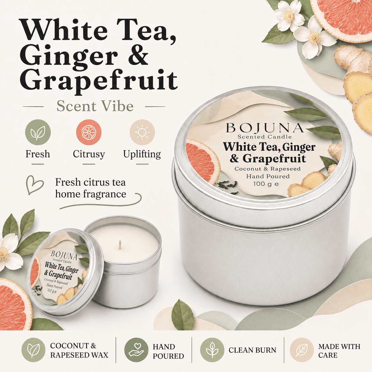 Bojuna White Tea, Ginger & Grapefruit scented candle in a silver metal tin, shown with the lid off next to it on a light cream background with decorative illustrations of citrus, flowers, and leaves.