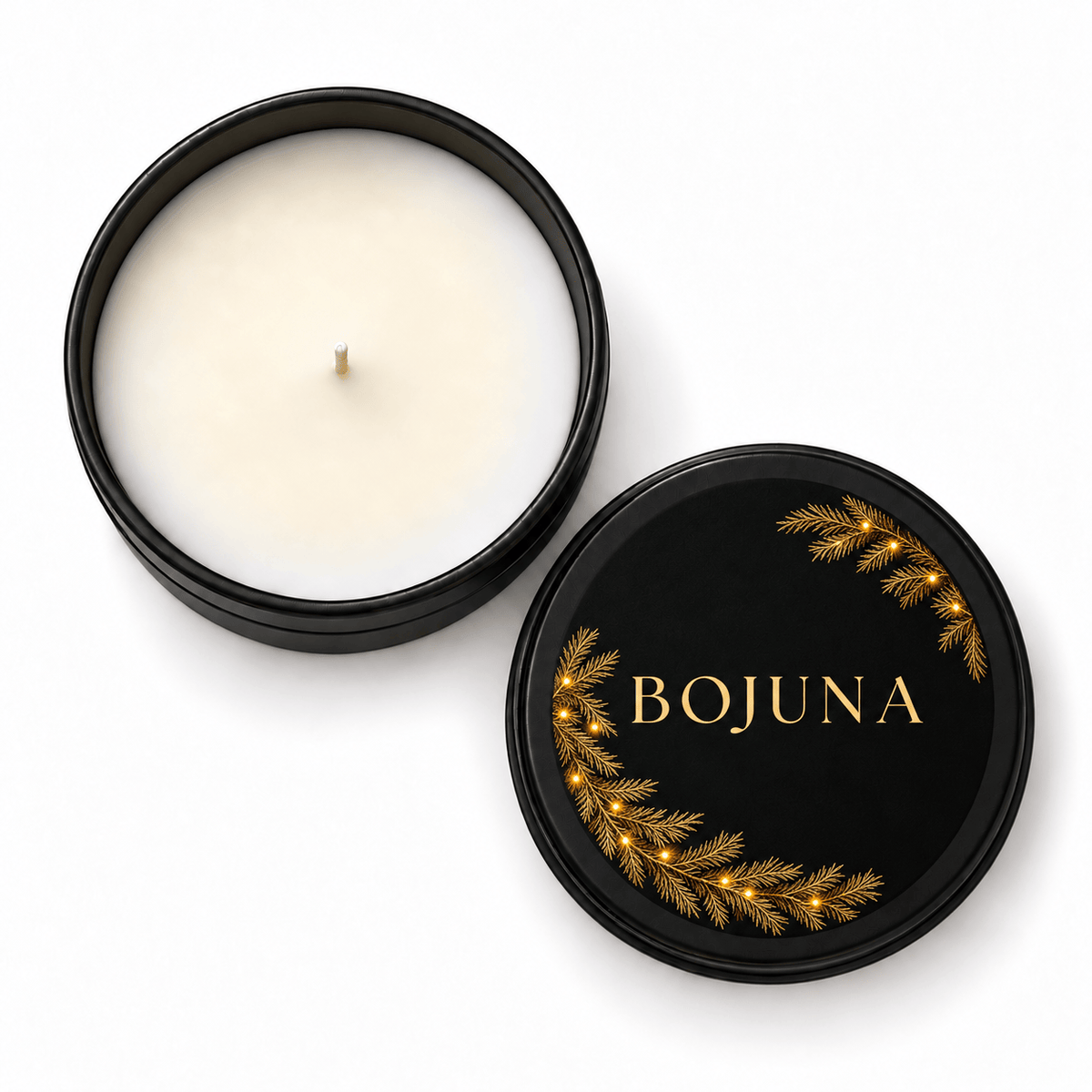 Bojuna A Merry Morning scented Christmas candle 80 g – overhead view with matching BOJUNA lid