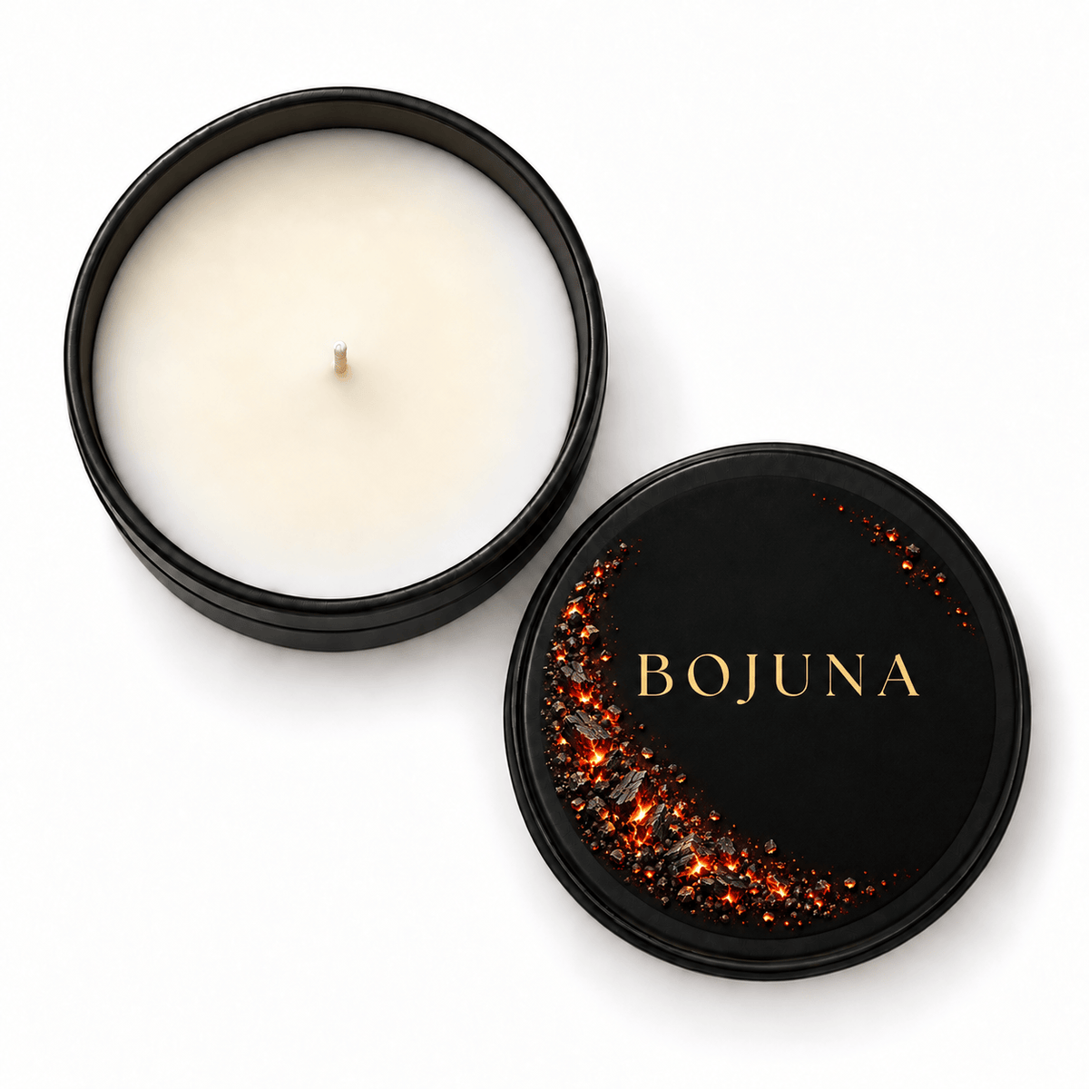 Bojuna Christmas Embers scented candle 80 g – overhead view with matching BOJUNA lid