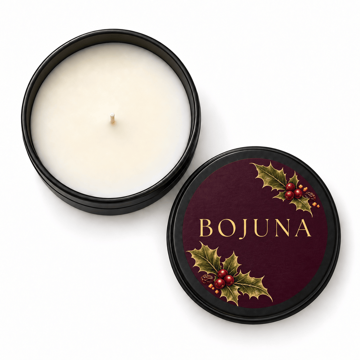 Bojuna Christmas Pudding scented Christmas candle 80 g – overhead view with matching decorative lid