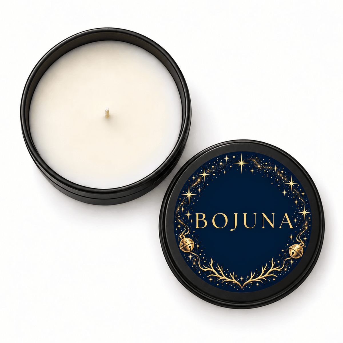 Overhead view of Bojuna Jingle Bells scented Christmas candle 80 g with cream wax and a navy and gold labelled lid