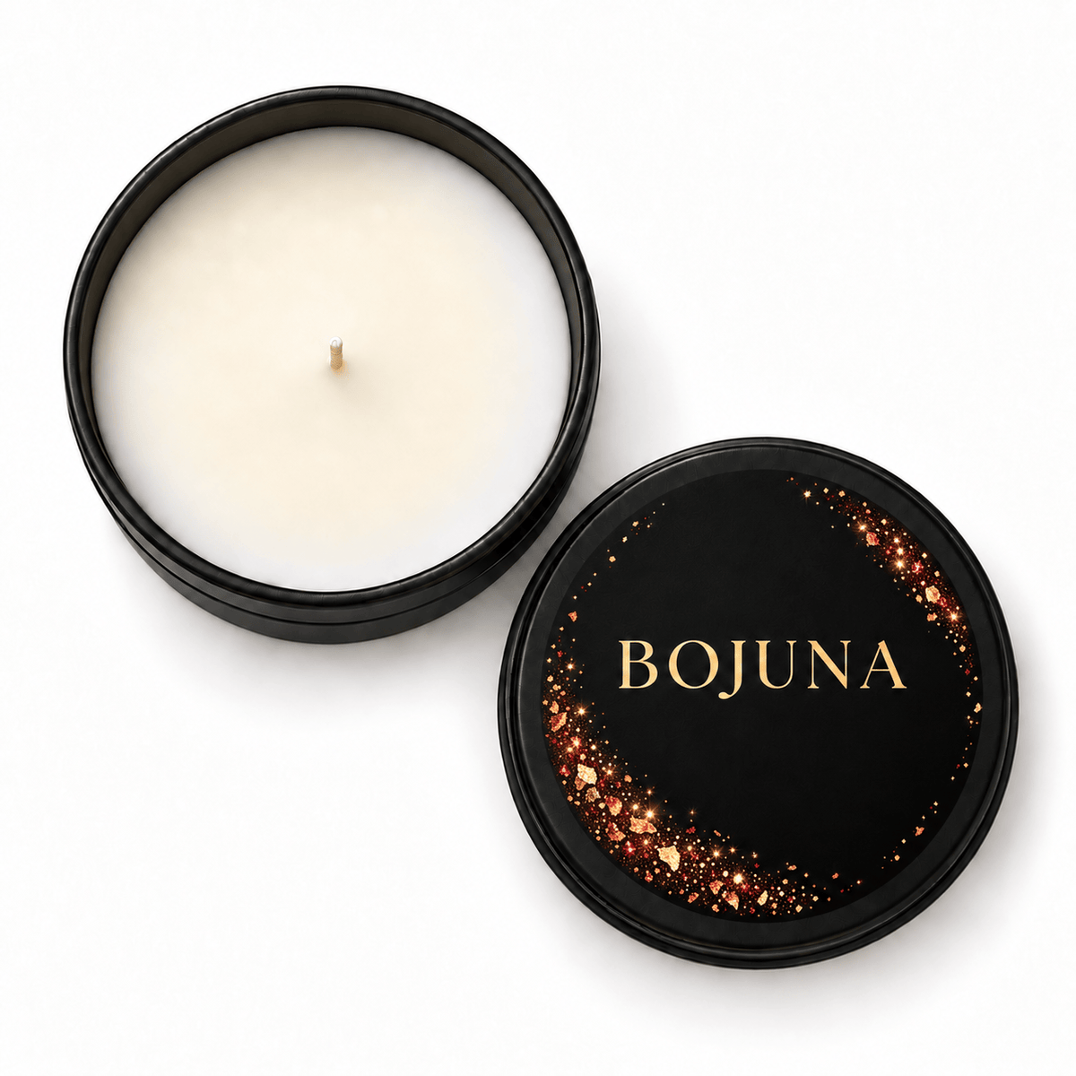 Bojuna Mulled Spice scented Christmas candle 80 g – overhead view with matching BOJUNA lid