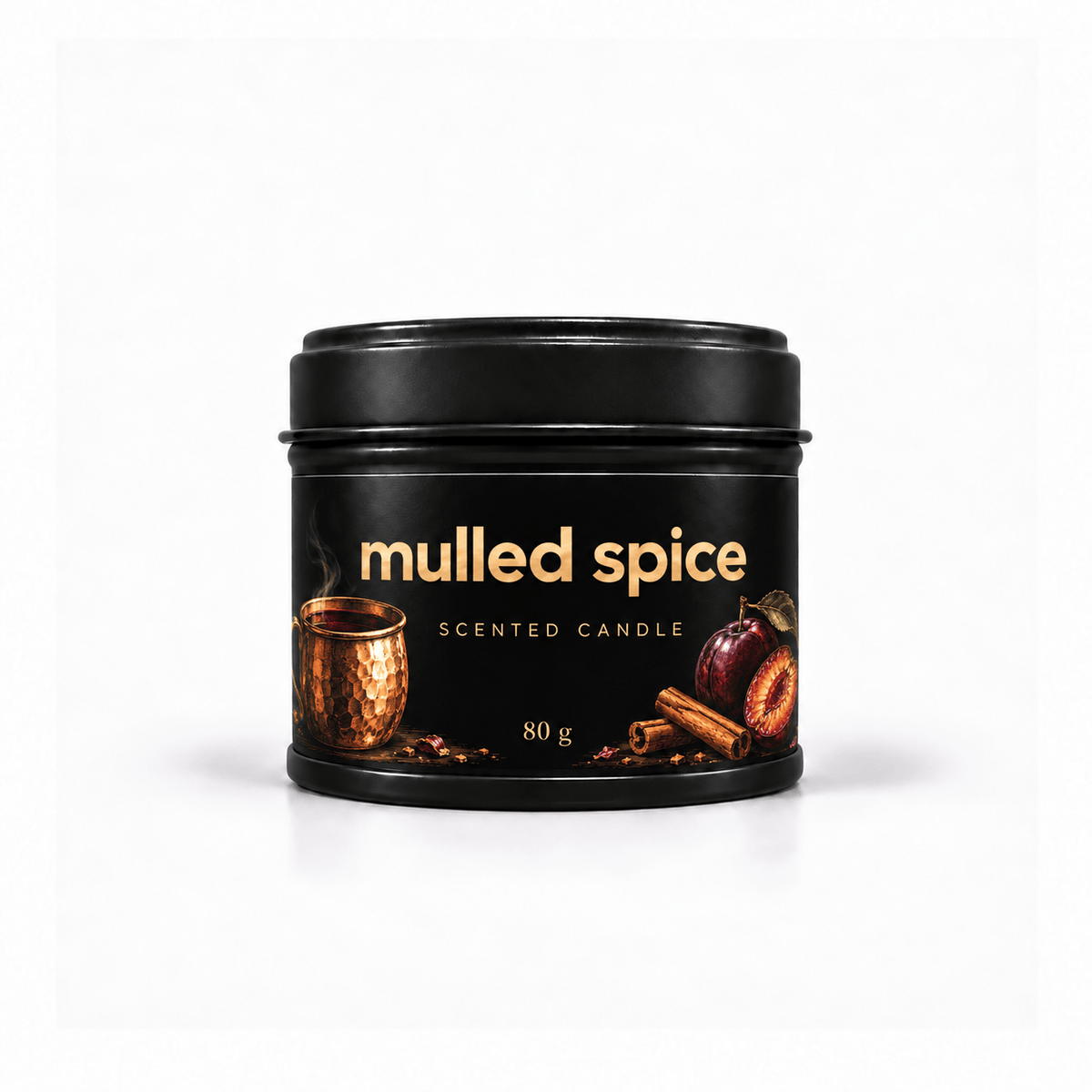 Bojuna Mulled Spice scented Christmas candle 80 g – front view in black tin