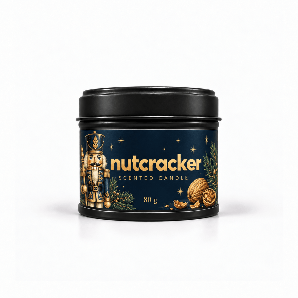 Bojuna Nutcracker scented Christmas candle 80 g – front view in black tin