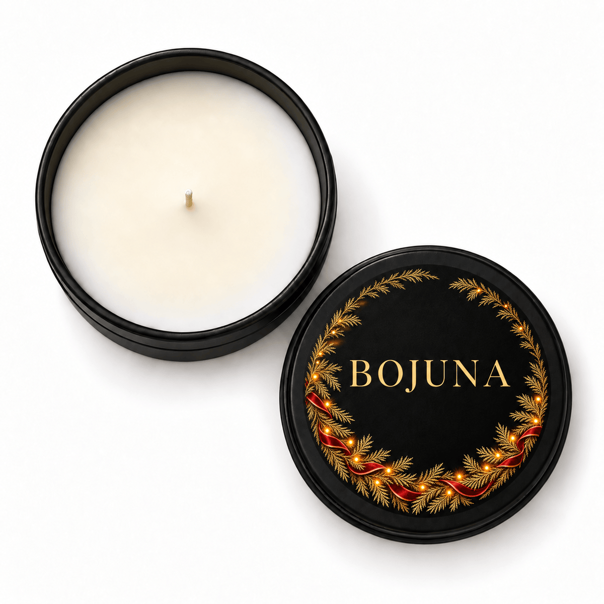 Bojuna Red Hot Cinnamon scented candle 80 g – overhead view with matching BOJUNA lid