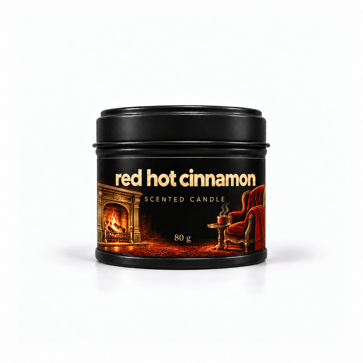 Bojuna Red Hot Cinnamon scented candle 80 g – front view in black tin