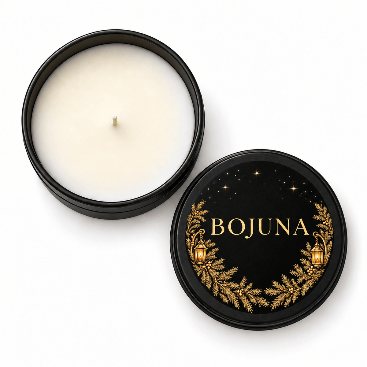 Bojuna Santa’s Grotto scented candle 80 g – overhead view with matching decorative lid