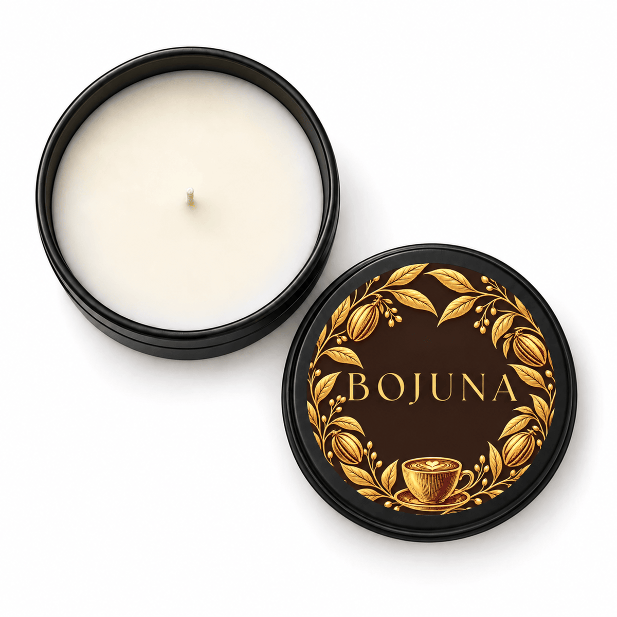 Overhead view of Bojuna Spiced Pecan Latte scented Christmas candle 80 g with cream wax and a gold pecan and latte lid label