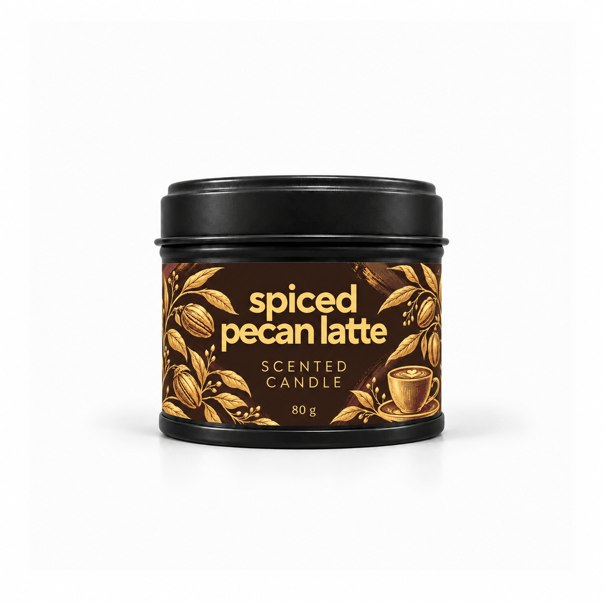 Bojuna Spiced Pecan Latte scented Christmas candle 80 g in a closed black tin with a brown and gold label