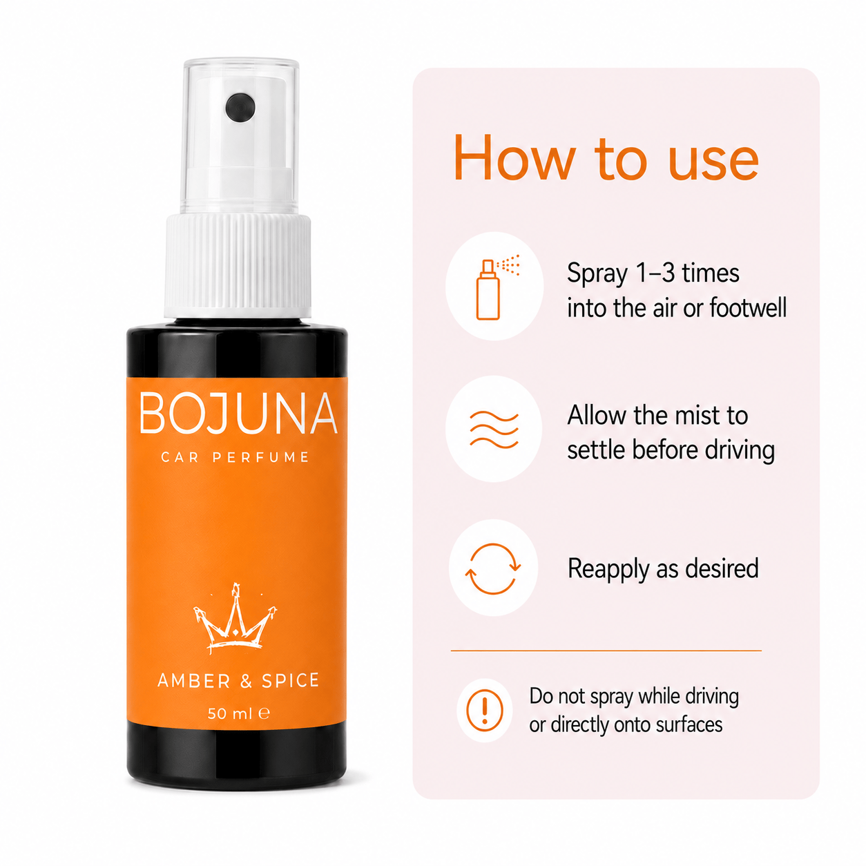 A bottle of BOJUNA Amber & Spice car perfume spray next to a light pink 'How to use' instruction card on a white background.