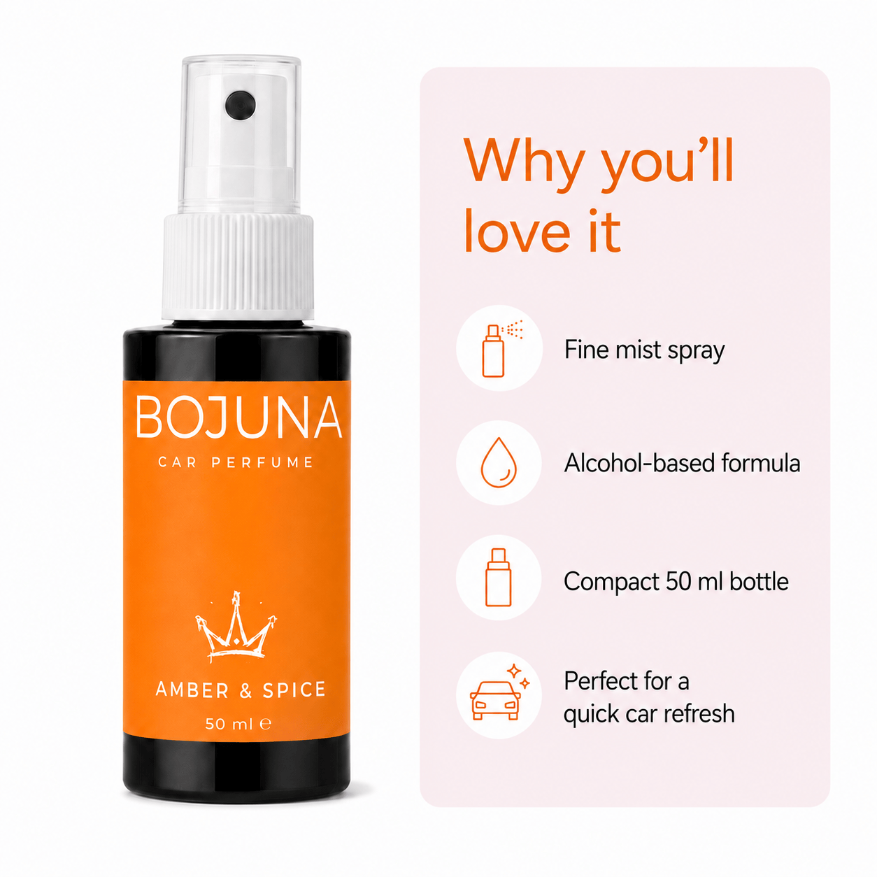 A bottle of BOJUNA Car Perfume Amber & Spice 50 ml spray on a white background, next to a light pink informational card detailing product features.