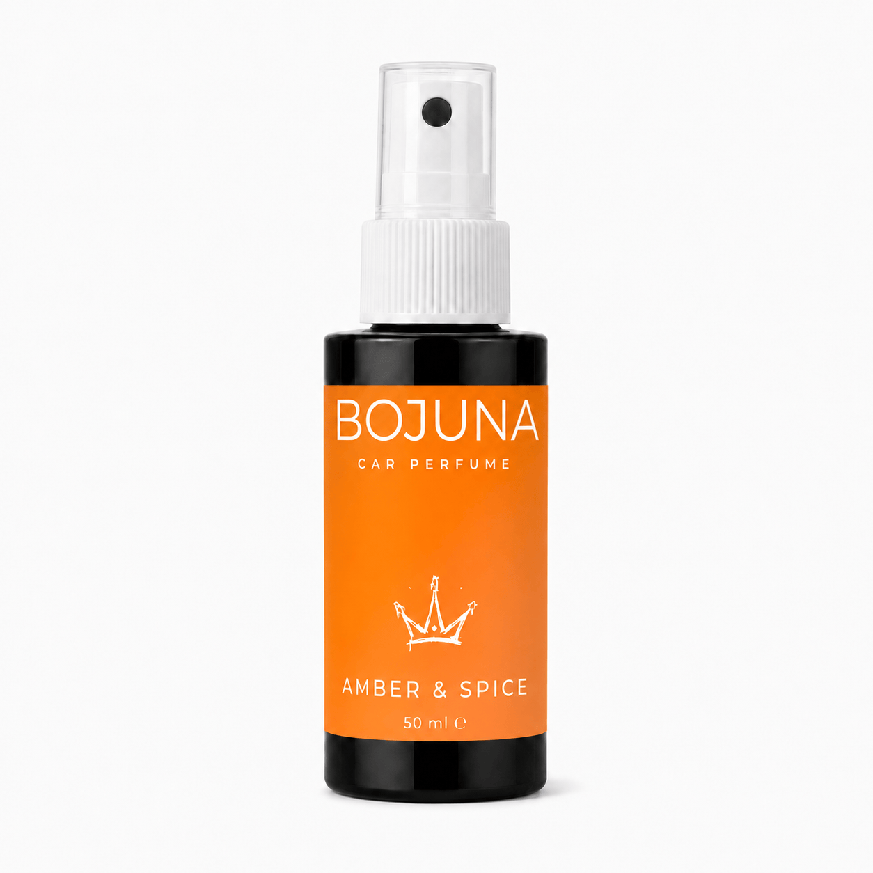 A 50ml bottle of BOJUNA Car Perfume in the Amber & Spice scent, featuring a vibrant orange label on a black bottle with a white spray nozzle, set against a plain white background.