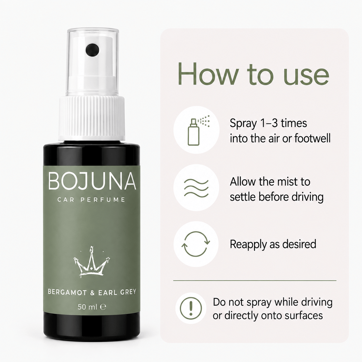 A bottle of BOJUNA Car Perfume next to an informational 'How to use' panel. The bottle is dark amber glass with a sage green label and a white spray nozzle.