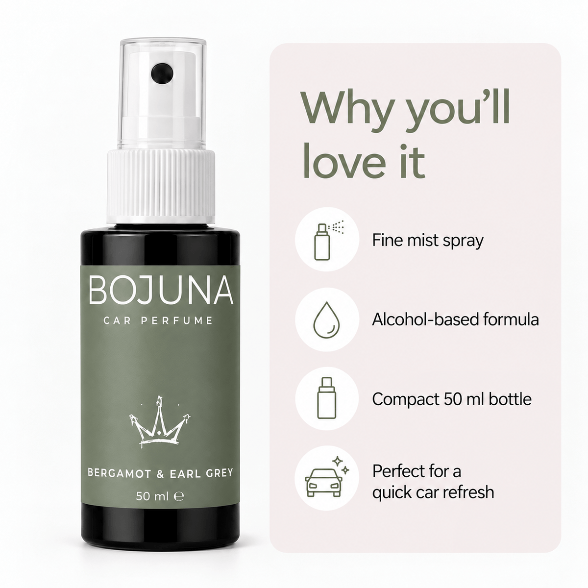 A 50 ml bottle of BOJUNA Car Perfume in Bergamot & Earl Grey, shown next to an informational graphic detailing its features on a clean white background.