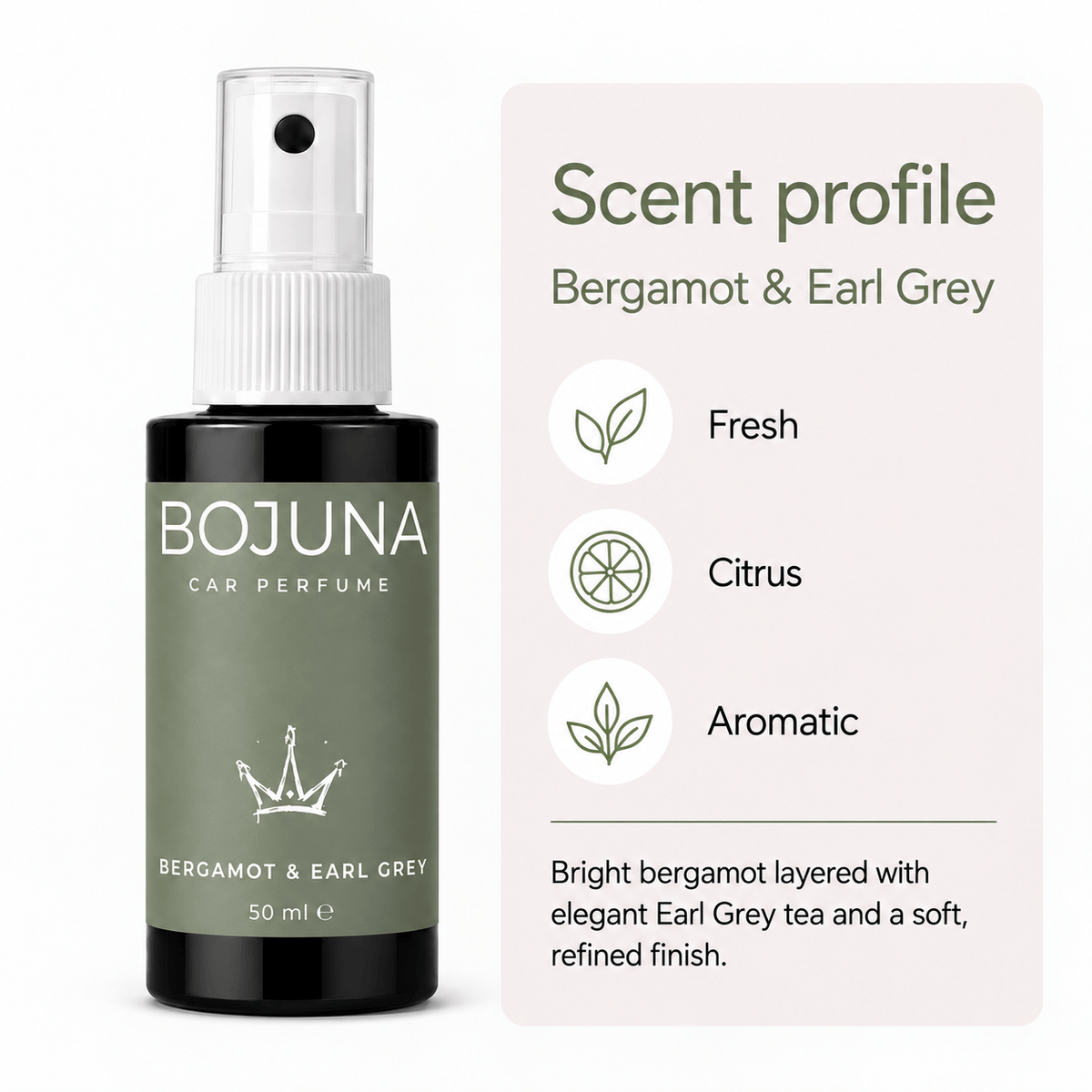 A 50 ml spray bottle of BOJUNA Bergamot & Earl Grey car perfume next to a descriptive scent profile graphic detailing its fresh, citrus, and aromatic notes.