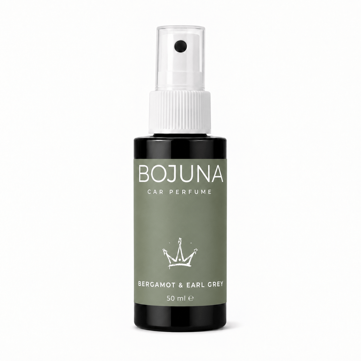 A 50 ml bottle of BOJUNA Car Perfume in the Bergamot & Earl Grey scent. The bottle is a dark amber glass with a matte olive green label and a white spray nozzle, set against a plain white background.