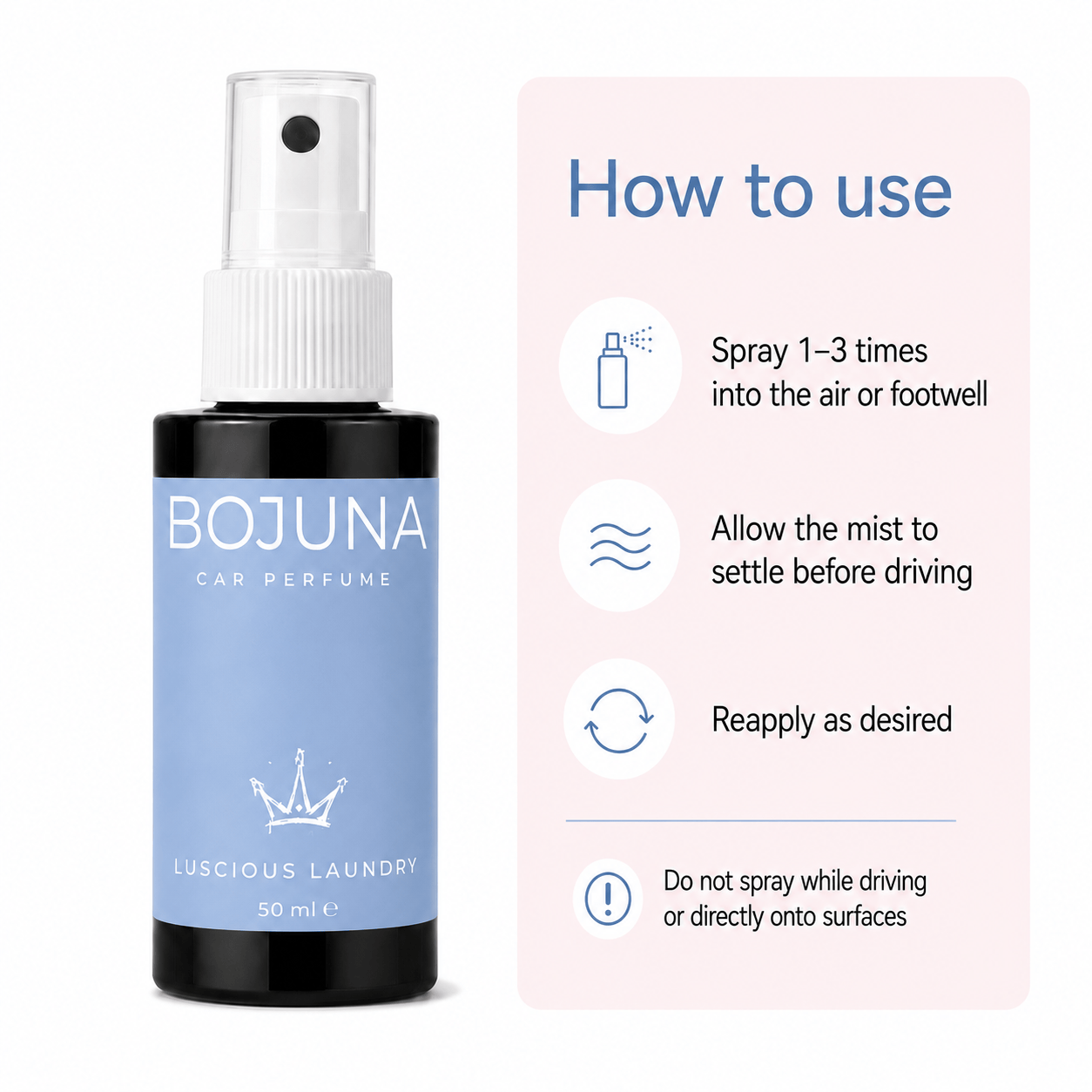A 50 ml bottle of BOJUNA Car Perfume by Luscious Laundry next to a light pink 'How to use' instruction card on a white background.