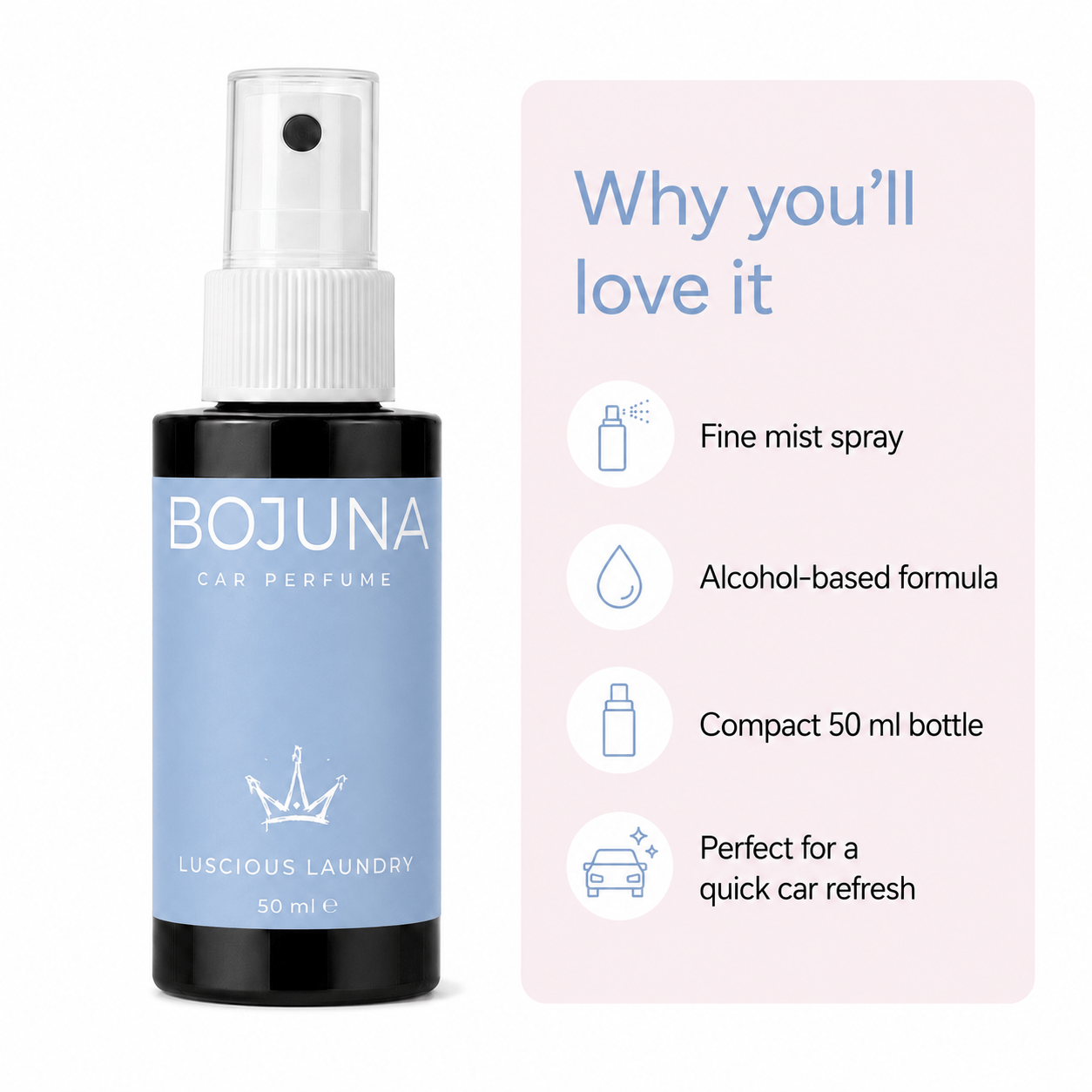 A 50 ml spray bottle of BOJUNA Car Perfume labeled 'Luscious Laundry' next to a light pink informational card detailing product features.