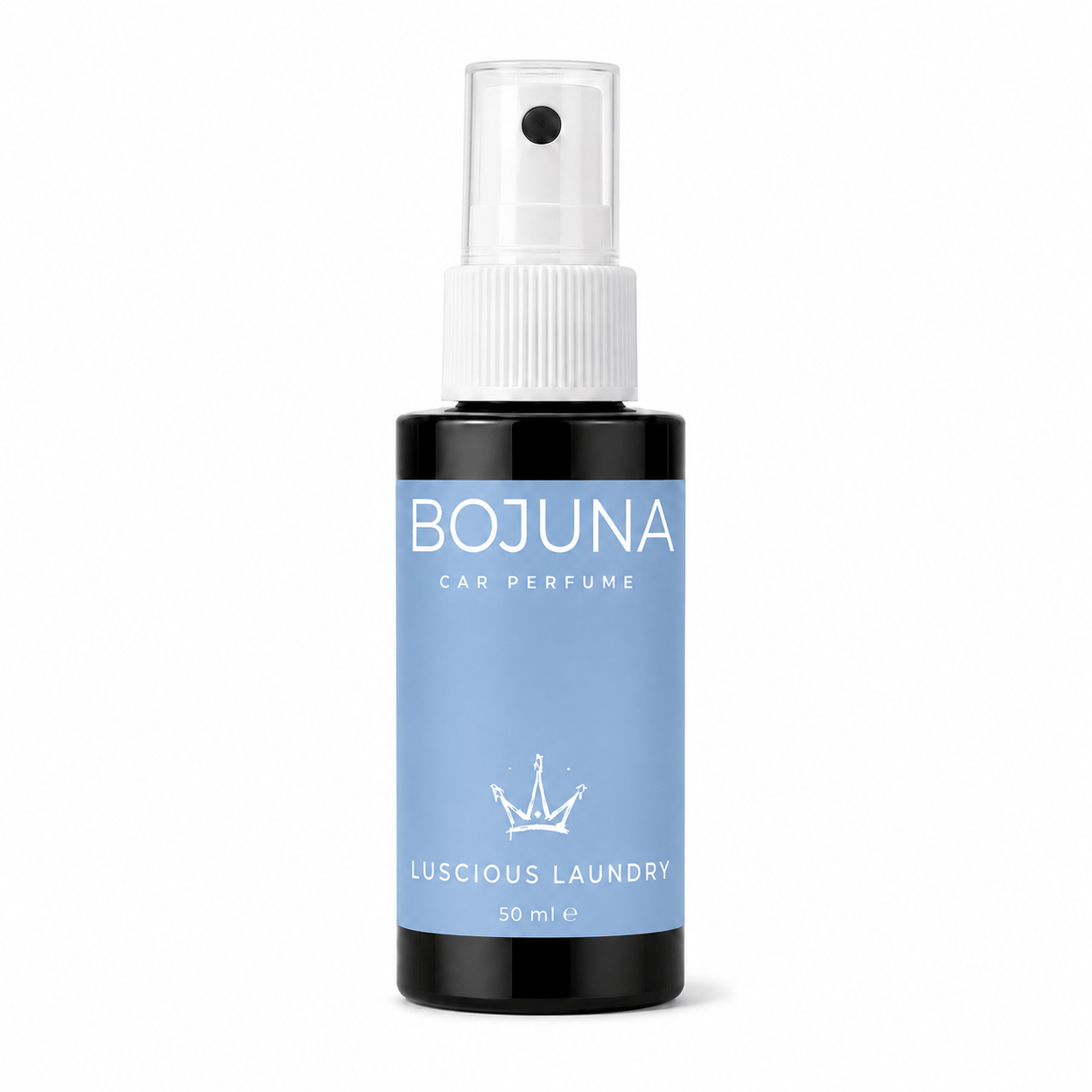 A 50 ml spray bottle of BOJUNA Car Perfume with a light blue label and a black base, labeled 'Luscious Laundry'.