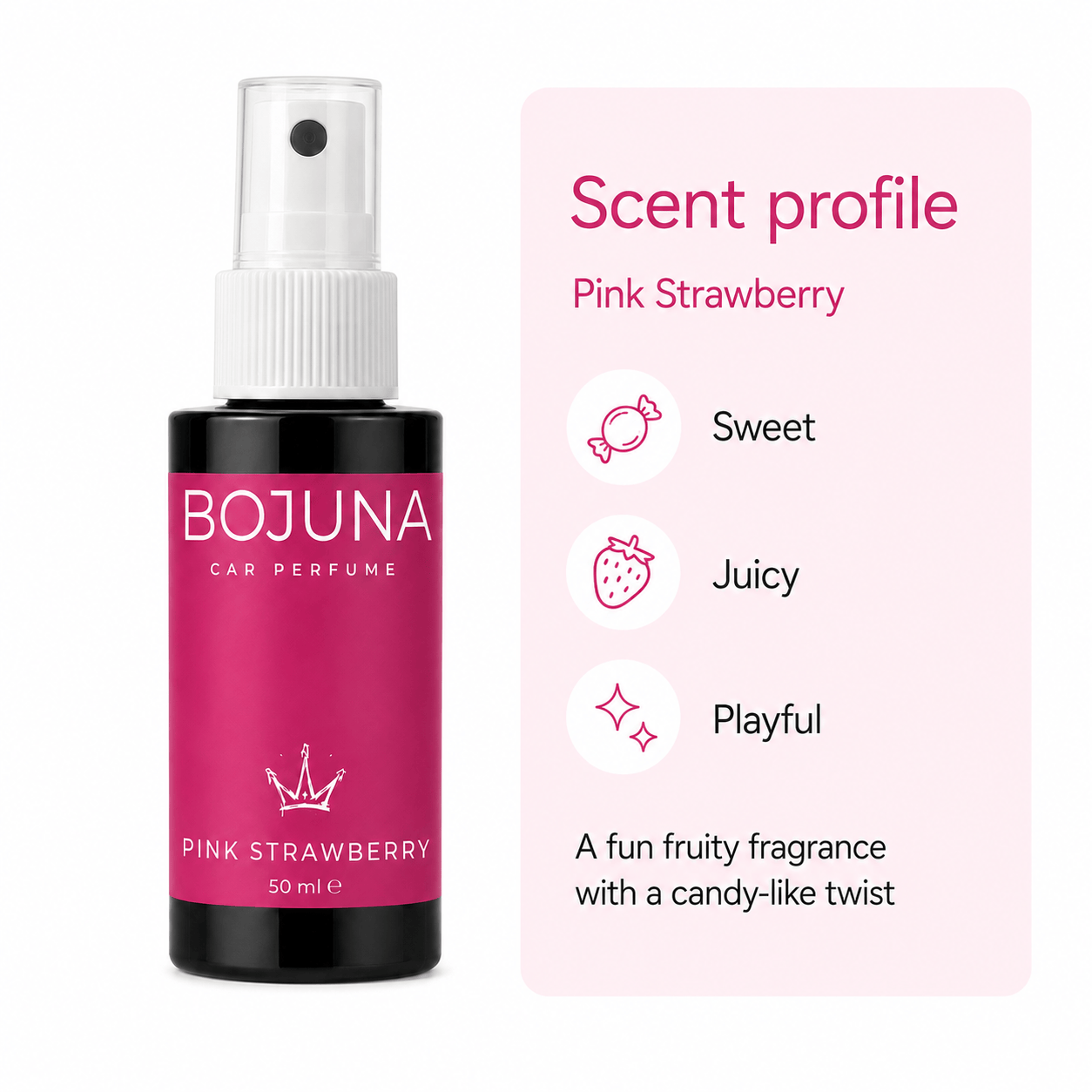A bottle of BOJUNA Car Perfume Pink Strawberry (50 ml) shown next to a pink graphic card detailing its scent profile as sweet, juicy, and playful.