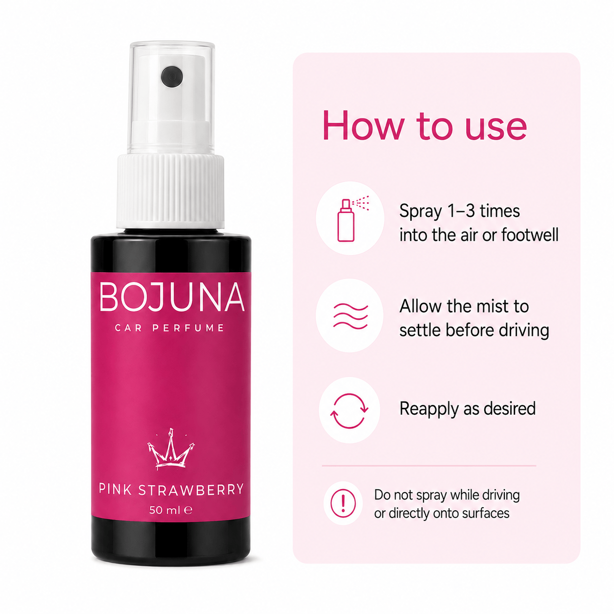 A bottle of BOJUNA Car Perfume Pink Strawberry next to a light pink 'How to use' instruction panel. The bottle is black with a vibrant pink label and a white spray nozzle.