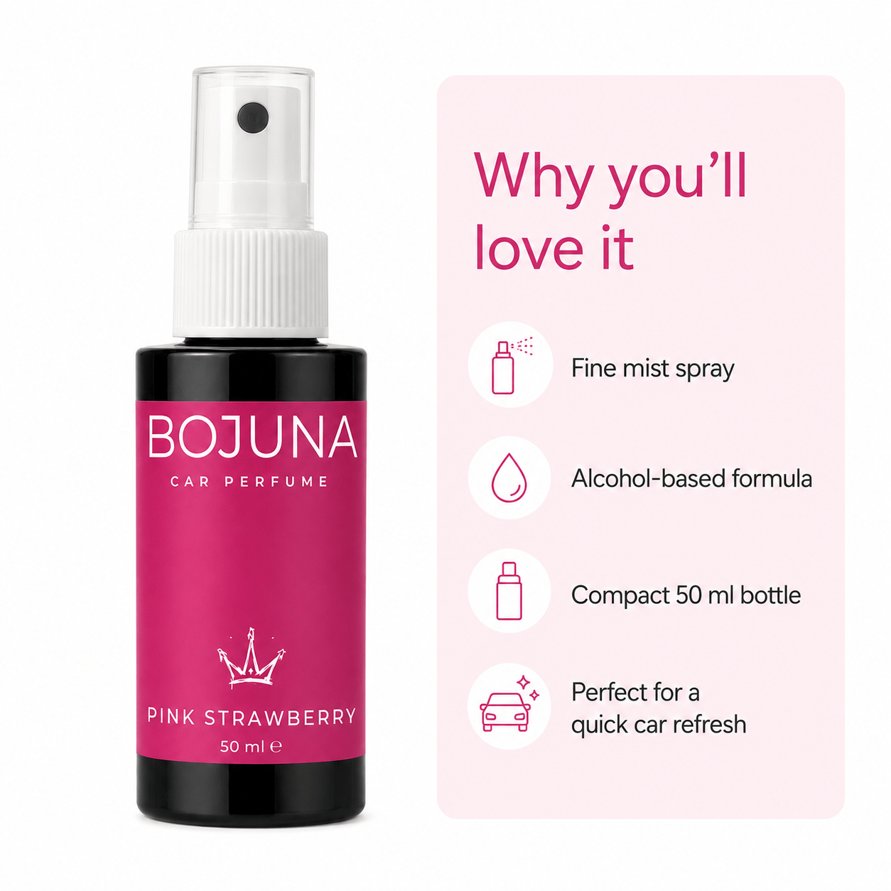 A bottle of BOJUNA Car Perfume Pink Strawberry fine mist spray shown next to a light pink informational card detailing its features.