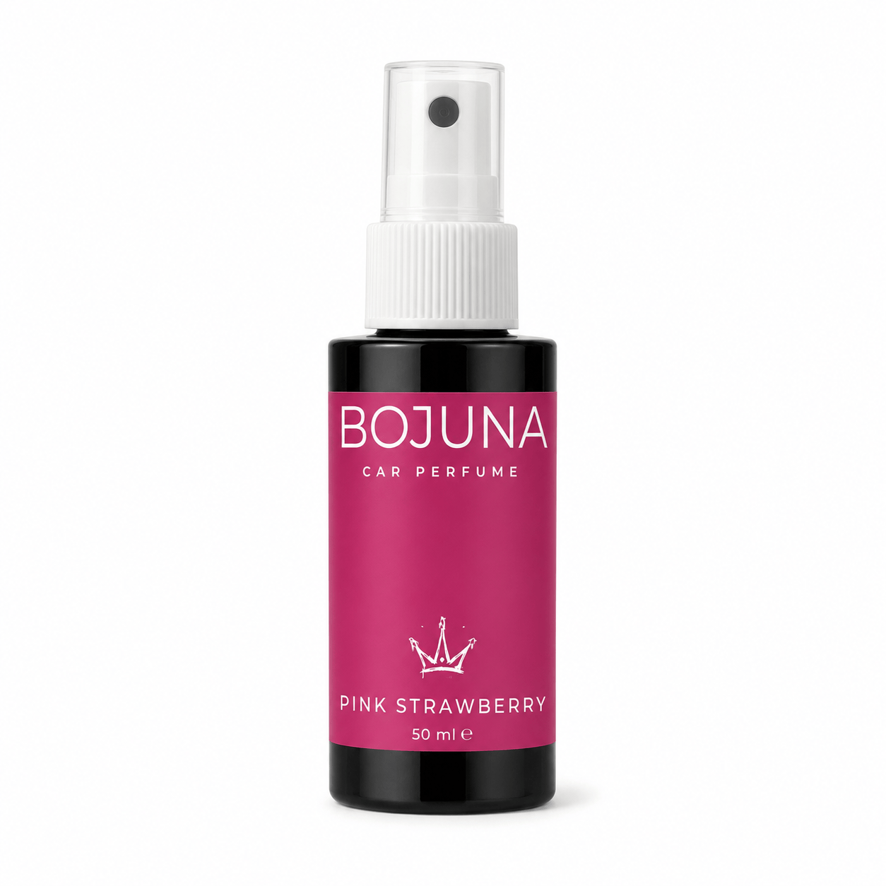A 50 ml bottle of BOJUNA Car Perfume in Pink Strawberry, featuring a black bottle with a vibrant magenta-pink label and a white spray nozzle, set against a plain white background.