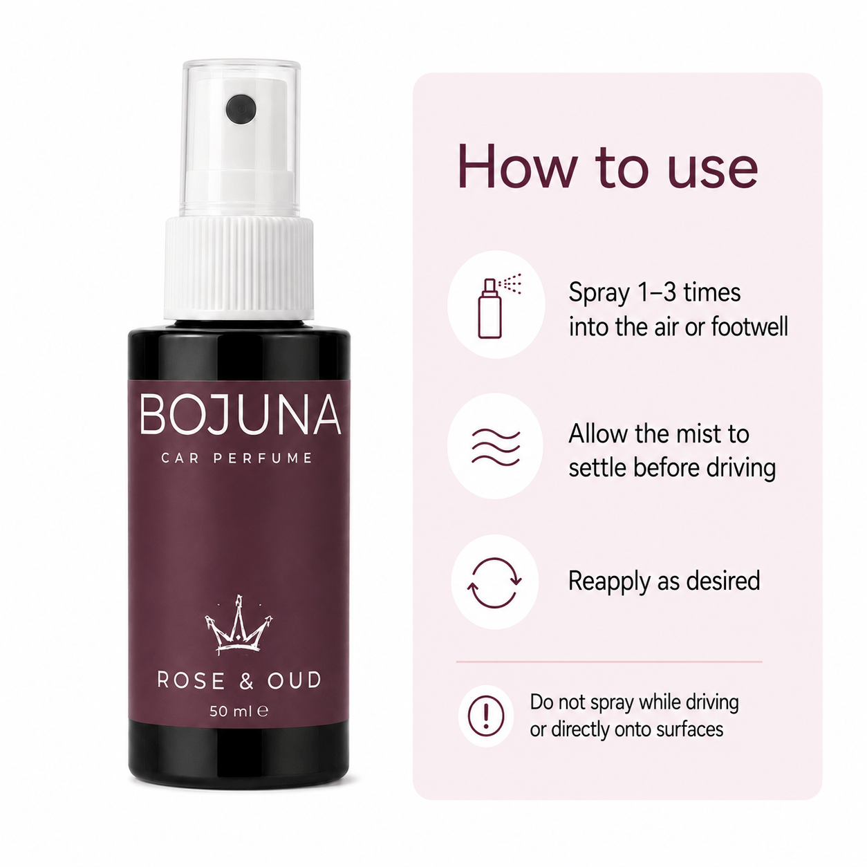 A bottle of BOJUNA Car Perfume 'Rose & Oud' next to an instructional 'How to use' card. The bottle is dark brown glass with a deep plum-purple label, a white spray cap, and a white collar.