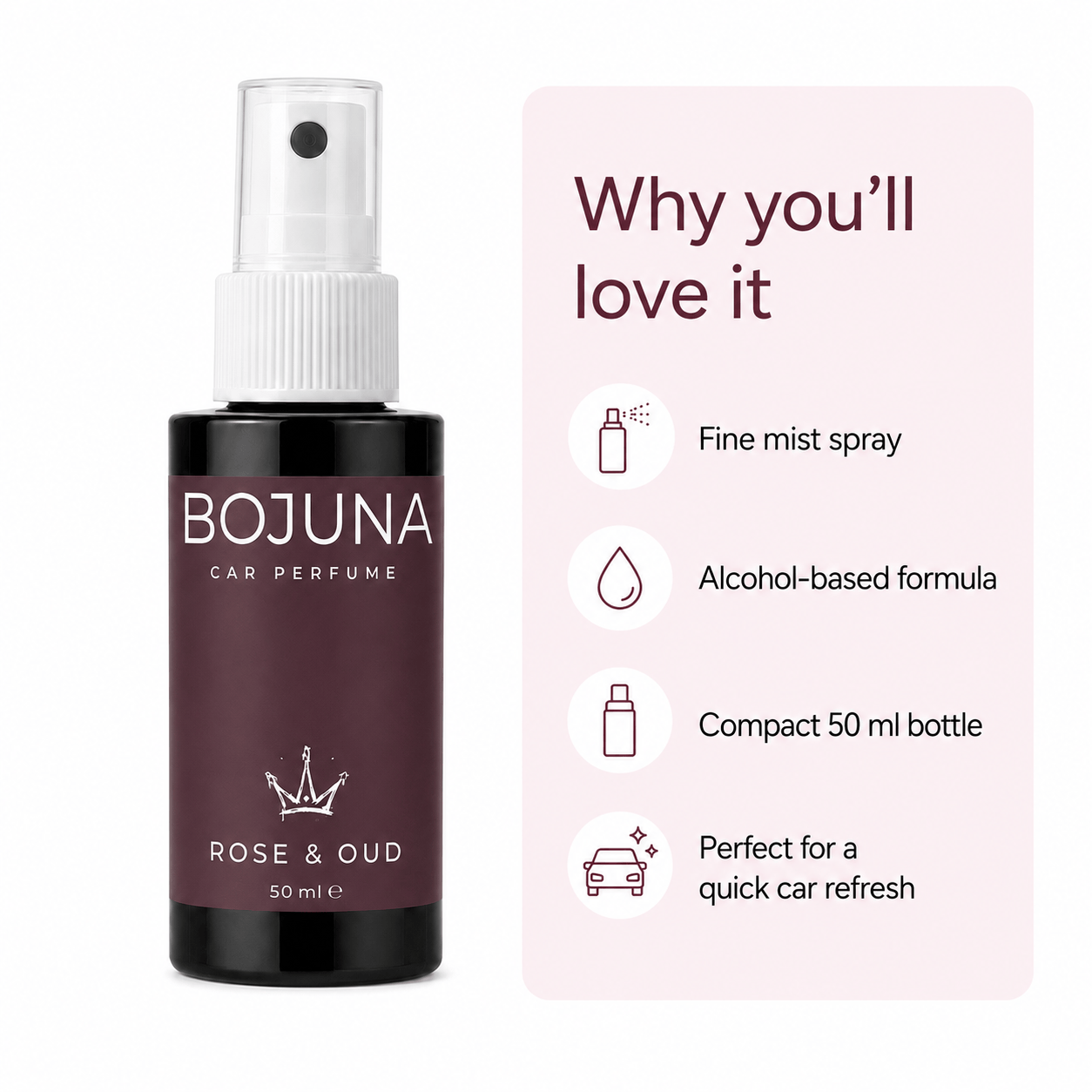 A 50 ml bottle of BOJUNA Car Perfume in Rose & Oud, shown next to a light pink informational panel detailing its features.