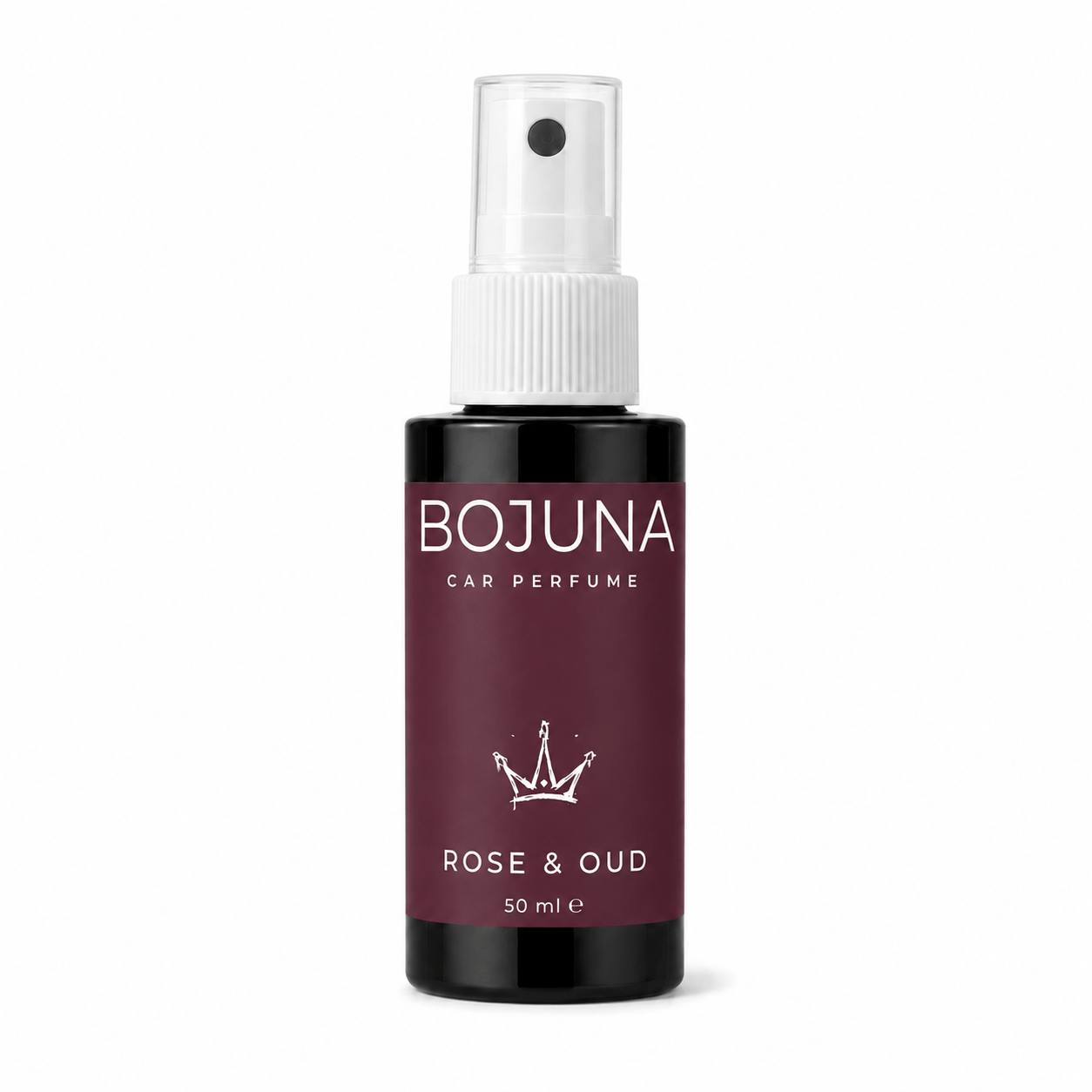 A 50 ml spray bottle of BOJUNA Car Perfume in the 'Rose & Oud' scent. The bottle is dark glass with a deep burgundy label and a white spray nozzle, set against a plain white background.
