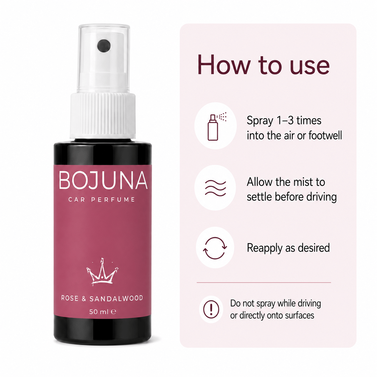 A bottle of BOJUNA Car Perfume Rose & Sandalwood 50 ml e with a pink label and white spray cap, shown next to a light pink 'How to use' instruction panel on a white background.