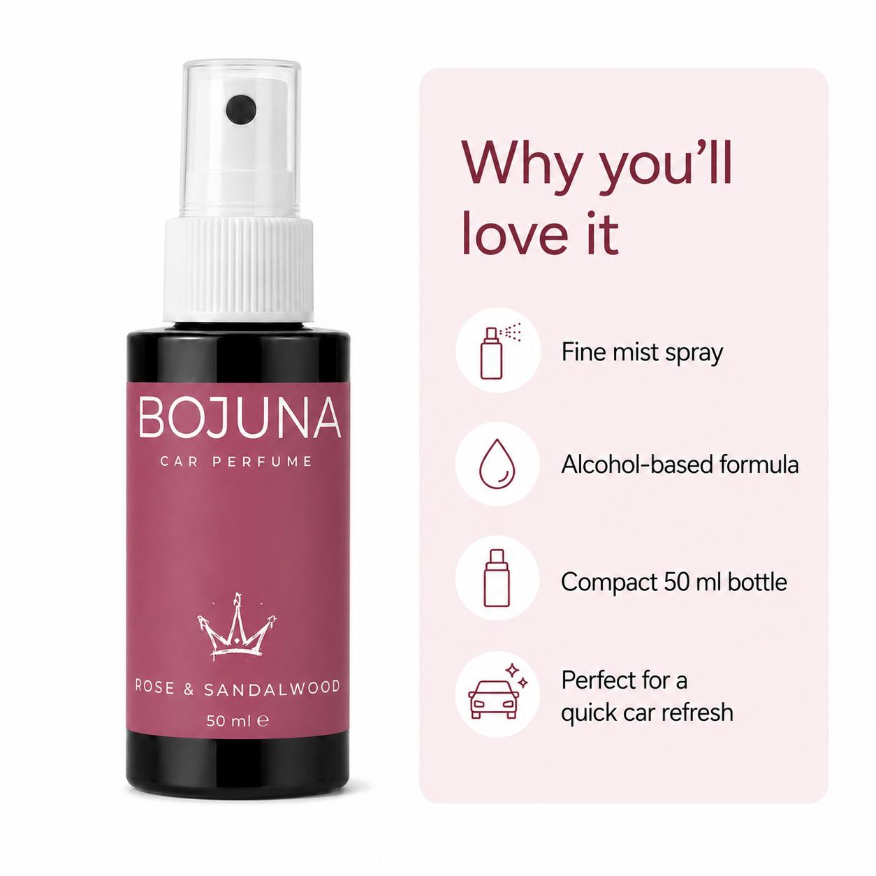 A 50 ml BOJUNA car perfume bottle with a rose and sandalwood scent, shown next to a light pink informational card detailing its features.