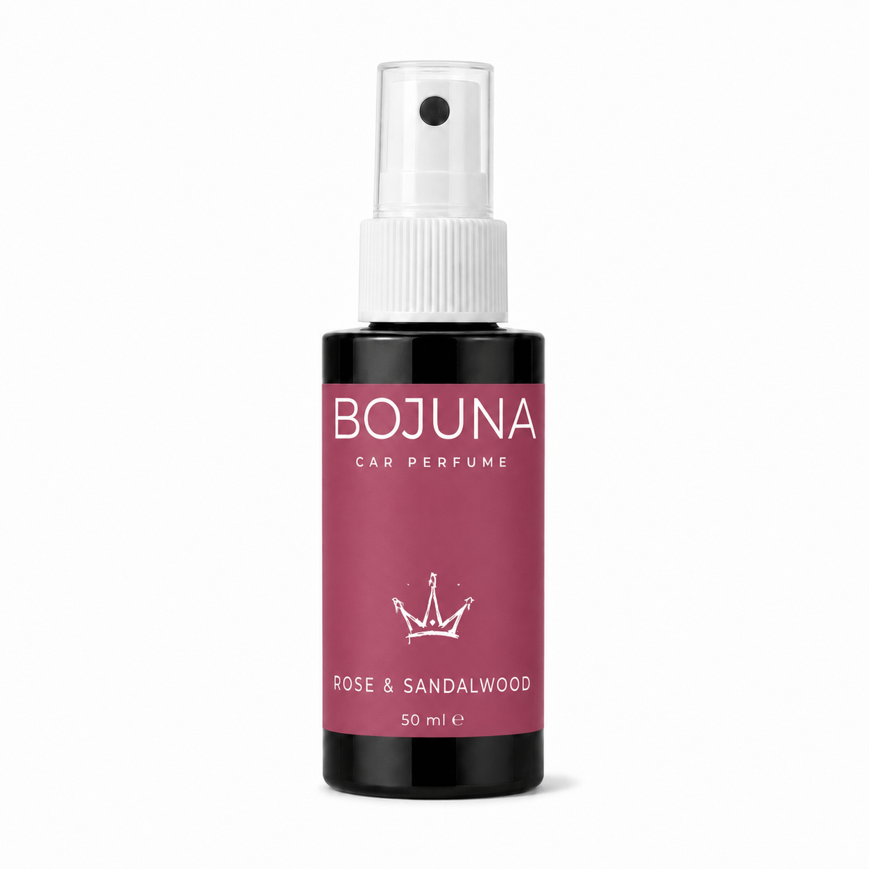 A 50 ml bottle of BOJUNA Car Perfume, 'Rose & Sandalwood' scent, featuring a dark bottle with a dusty rose label and a white spray nozzle, set against a plain white background.
