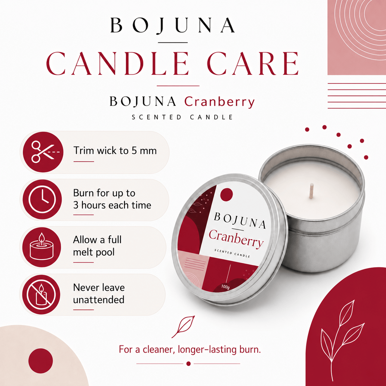 Bojuna Candle Care Cranberry scented candle in a silver tin, shown open with white wax and a matching lid featuring a red and white label. The image includes instructional icons and text for trimming the wick, burning time, full melt pool, and not leaving it unattended on a white background with red and beige graphic accents.