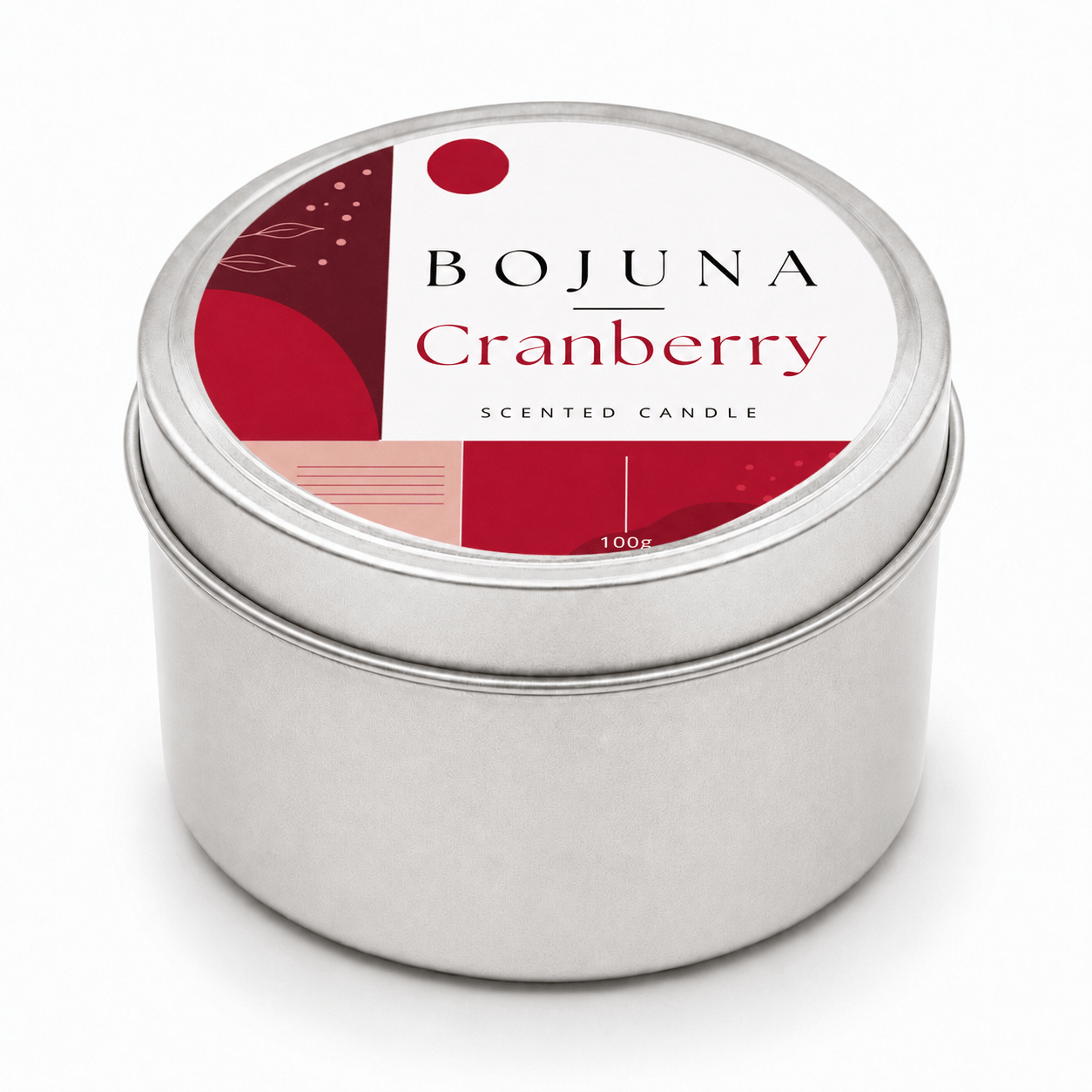 A round silver metal tin candle with a lid label reading BOJUNA Cranberry Scented Candle, shown on a clean white background.