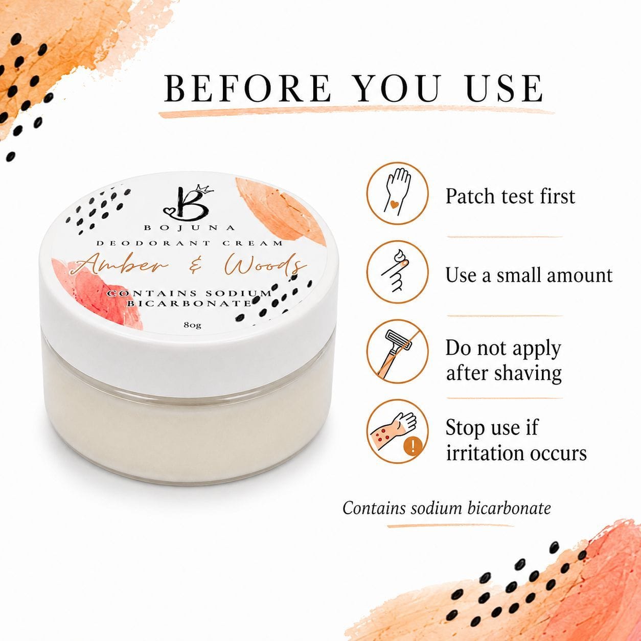 Bojuna Amber & Woods before-use informational graphic for deodorant cream, showing the jar on the left and usage instructions on the right against a white background with peach watercolor accents.