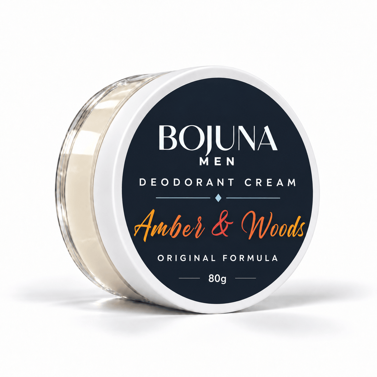 Bojuna Men Amber & Woods Original Formula Deodorant Cream 80g in a clear pot with a white lid and navy label, on a white background.
