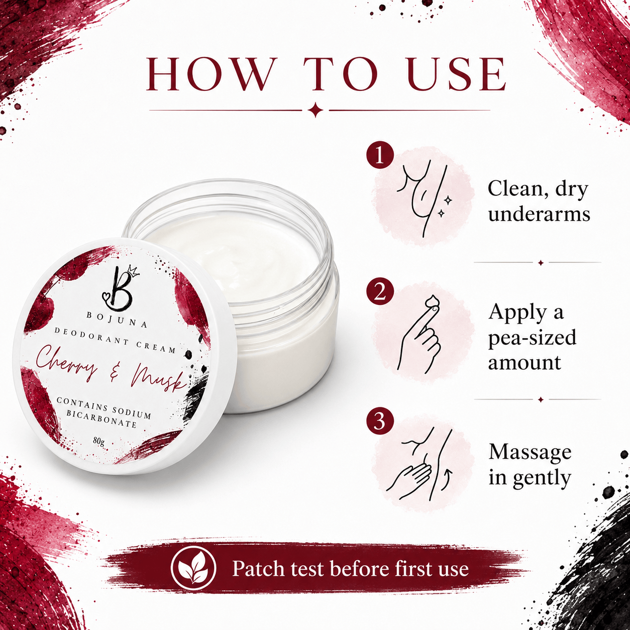 Bojuna Cherry & Mint deodorant cream jar with its lid off, shown next to a 'How to Use' infographic on a white background with red paint splatters.