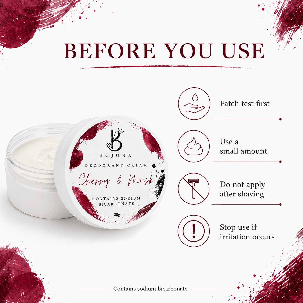 Bojuna Cherry & Musk Deodorant Cream jar and lid shown on a white background with 'BEFORE YOU USE' text and usage icons.
