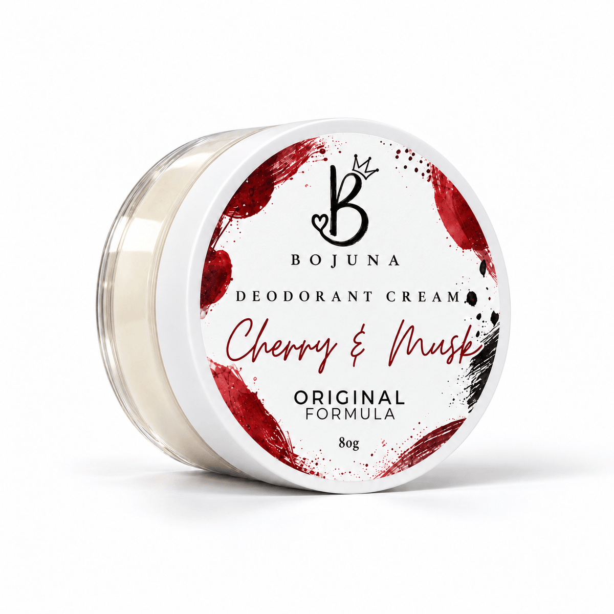 Bojuna Cherry & Musk Original Deodorant Cream 80g in a clear pot with a white labelled lid.