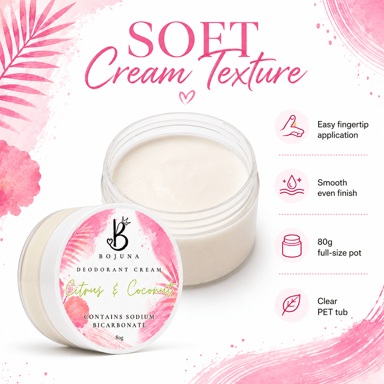 A jar of Bojuna Citrus & Coconut deodorant cream shown open with cream visible, alongside the labeled lid. The image includes marketing text and icons on a white background with pink watercolor accents.
