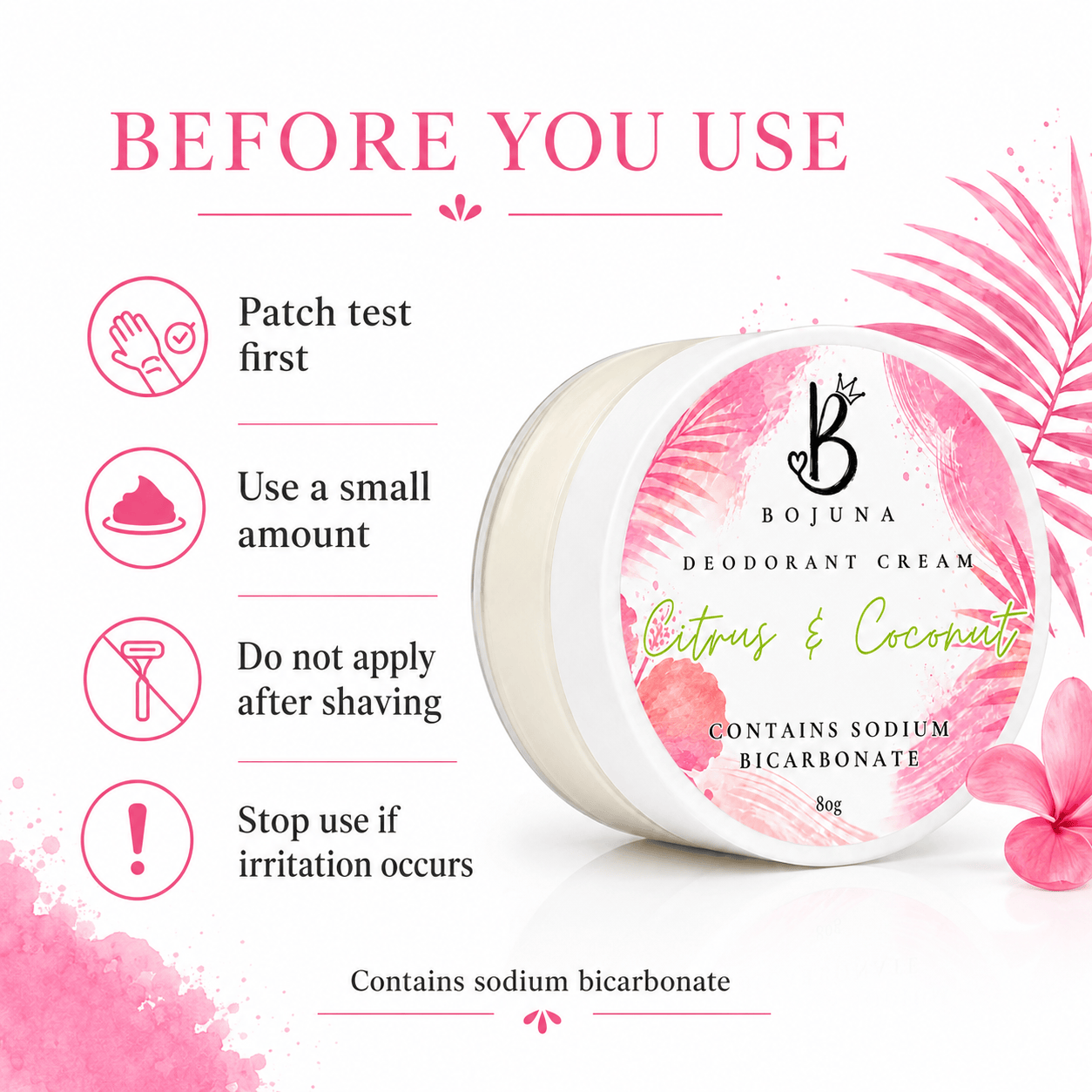Bojuna Deodorant Cream in a round white jar with a pink citrus and coconut label, shown on a white background with pink tropical leaves and a 'Before You Use' instruction graphic.