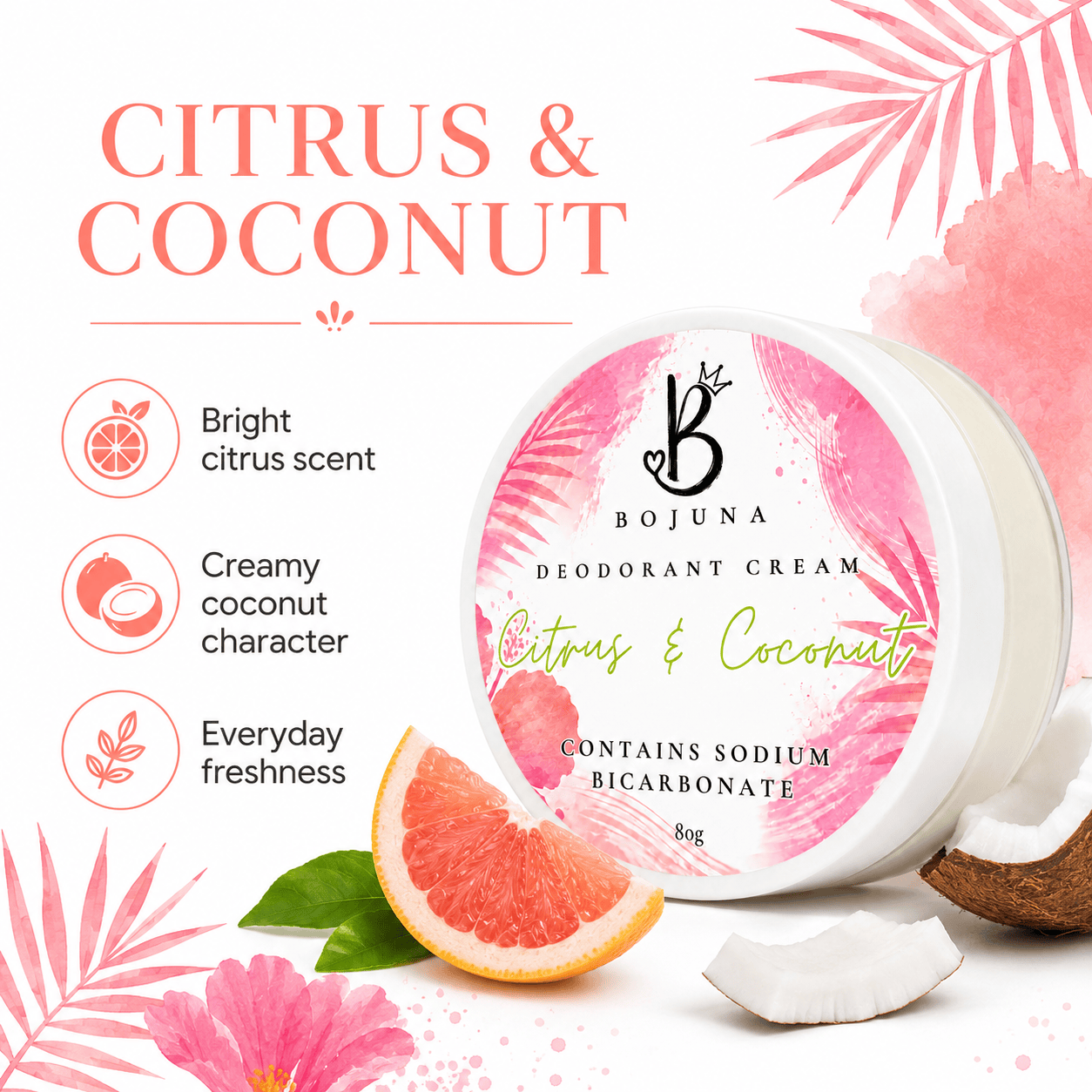 A jar of Bojuna Citrus & Coconut Deodorant Cream shown on a white background with pink tropical leaves, a sliced grapefruit, coconut pieces, and text describing the bright citrus scent and creamy coconut character.