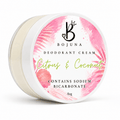 A round white plastic jar of Bojuna Deodorant Cream in the Citrus & Coconut scent, featuring a colorful pink tropical watercolor label on a clean white background.