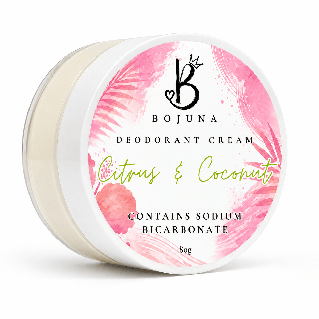 A round white plastic jar of Bojuna Deodorant Cream in the Citrus & Coconut scent, featuring a colorful pink tropical watercolor label on a clean white background.