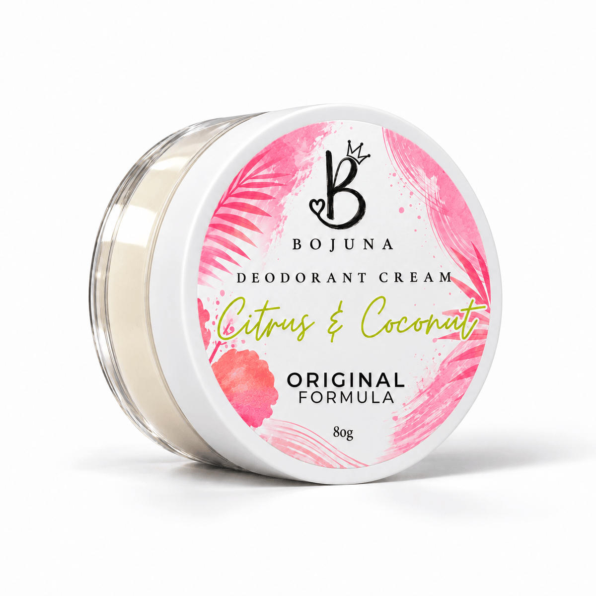 Bojuna Citrus & Coconut Original Deodorant Cream 80g in a clear pot with a white labelled lid.