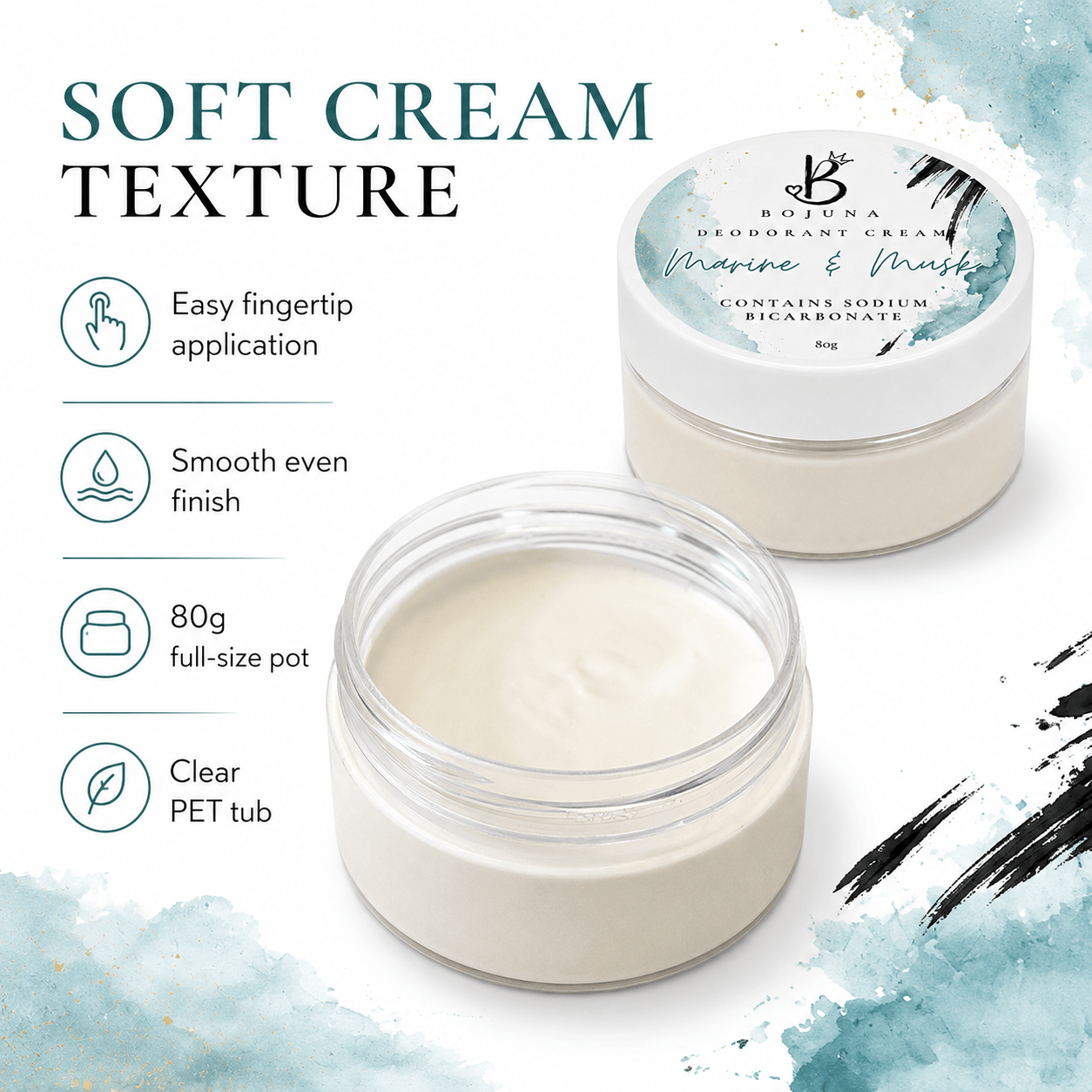 A jar of soft cream deodorant cream shown open with the product visible in a clear PET tub, alongside a closed jar and marketing text on a white background with watercolor accents.