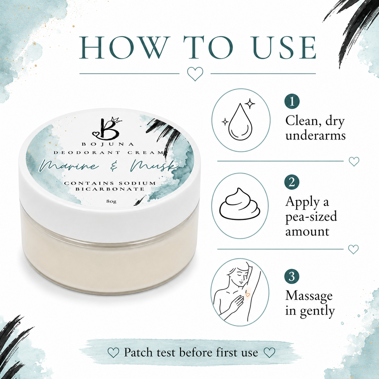 How-to-use infographic for Botuna Marine & Mask Deodorant Cream, showing a small round jar on the left and three numbered steps with icons on the right: clean, dry underarms; apply a pea-sized amount; massage gently.