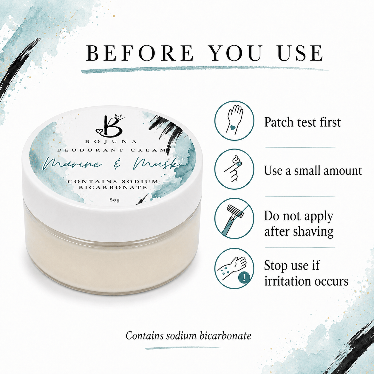A jar of Bojuna Deodorant Cream with a white lid and cream-colored base, shown on a white background with teal watercolor accents and a list of usage instructions under the heading 'BEFORE YOU USE'.