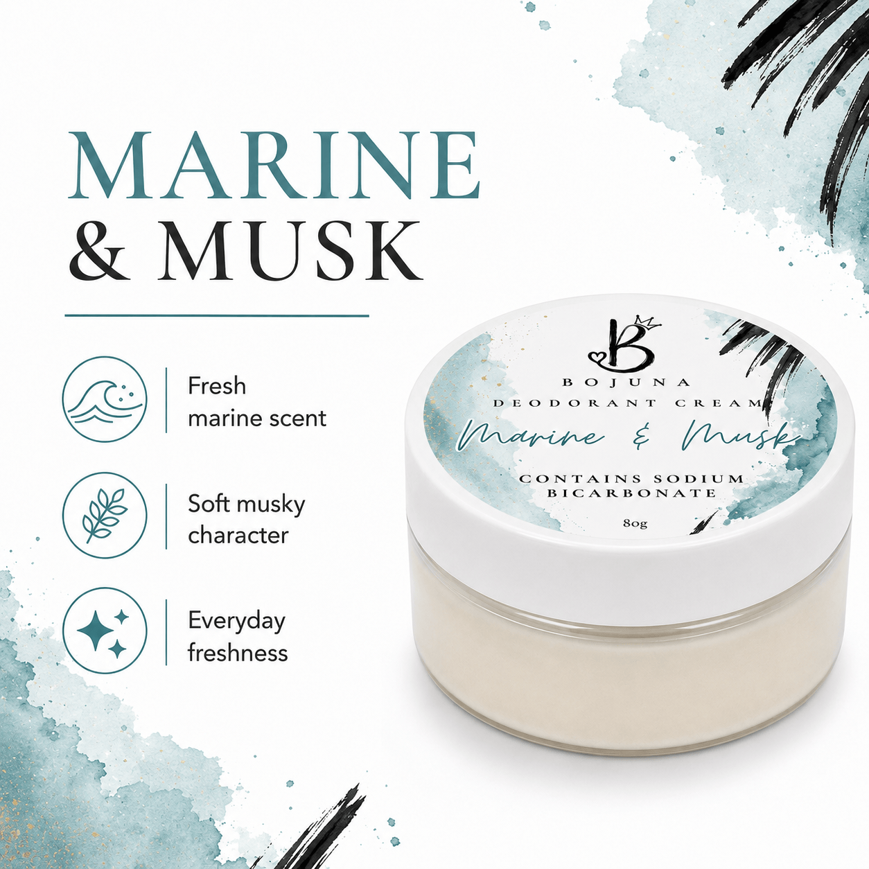 Bojuna Marine & Musk Bleodorant Cream in a clear jar with a white lid, displayed on a white background with watercolor accents and descriptive text highlighting its fresh marine scent and soft musky character.